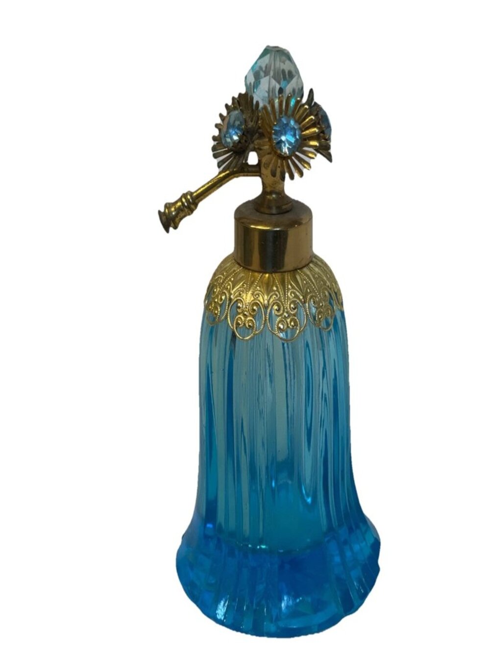 VTG IRICE Turquoise Blue Glass Atomizer Perfume Bottle Rhinestone Floral Top 5"